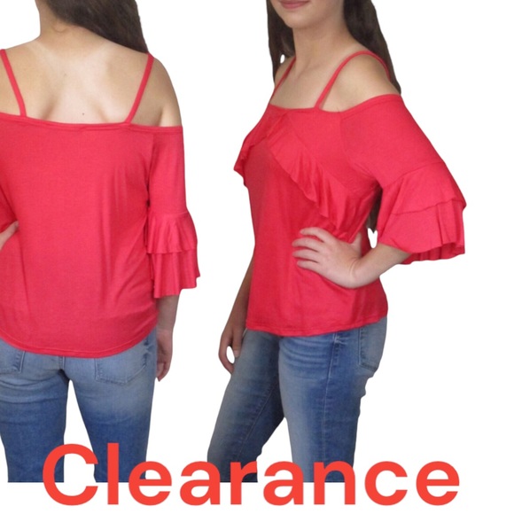 Coral Ruffle Sleeve Cold Shoulder Top NWT - Picture 3 of 7